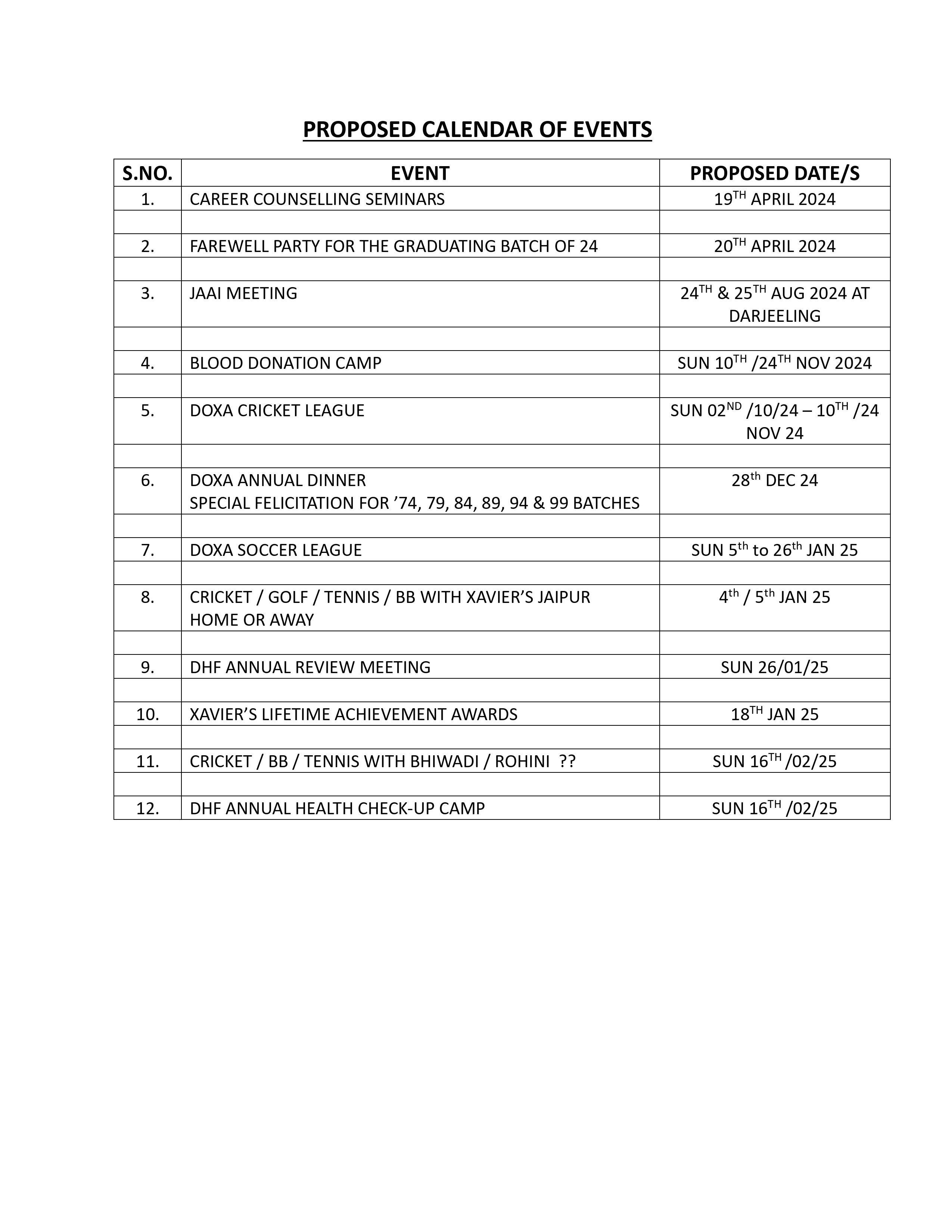 List Of Events By Doxa With Dates for The Year 2024 - 2025.