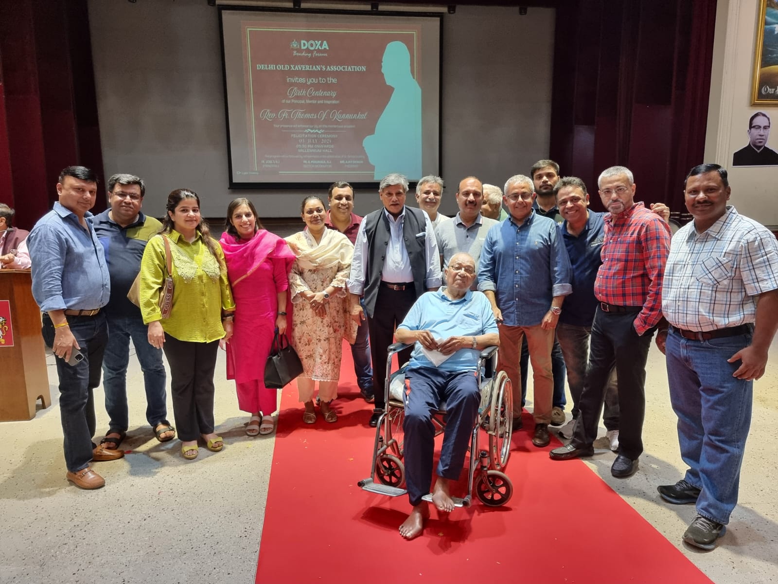 Fr. Tom Kunnunkal, the longest-serving Principal, entered his 100th year on July 3, 2025.<br>
A grand celebration was held in his honour at the school campus. The event began with<br>
the inauguration of the new DOXA Healthcare Foundation (DHF) oƯice by Fr. Kunnunkal.<br>
Felicitations followed at the Millennium Hall. His former students, including Prof.<br>
Dinesh Singh (Former Vice Chancellor, Delhi University), Mr. Sudhanshu Mittal<br>
(Spokesperson, BJP), along with Mr. Harsha Vardhana Singh (Former Dy. Director WTO),<br>
shared anecdotes from their student days. A visual presentation about Fr. Kunnunkal’s,<br>
tenure at Xavier’s Delhi was presented, with commentary by Mr. Bhupendra Chaubey,<br>
brought back a flood of memories, especially for the senior batches from 1966-1980.<br>
With members of his family and the Xaverian fraternity we pray for Fr. Kunnunkal's long<br>
and healthy life.